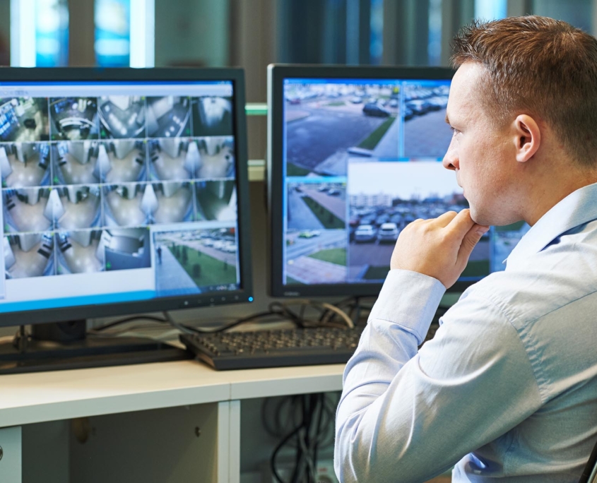 View of a person watching various surveillance cameras