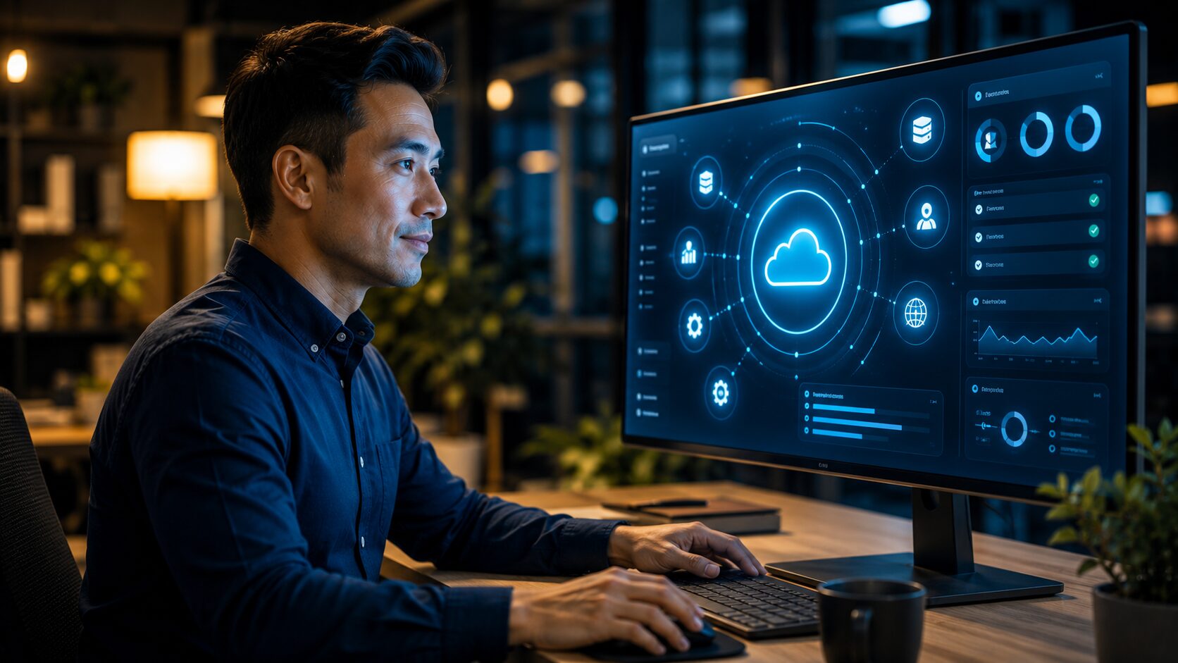 IT security leader monitoring cloud security activity across a modern enterprise dashboard showing AI-driven cloud visibility and risk detection.