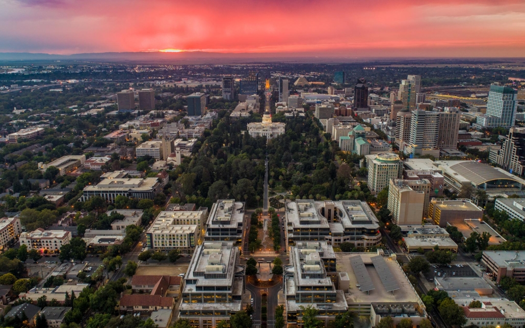 Overhead view of Sacramento during a sunset