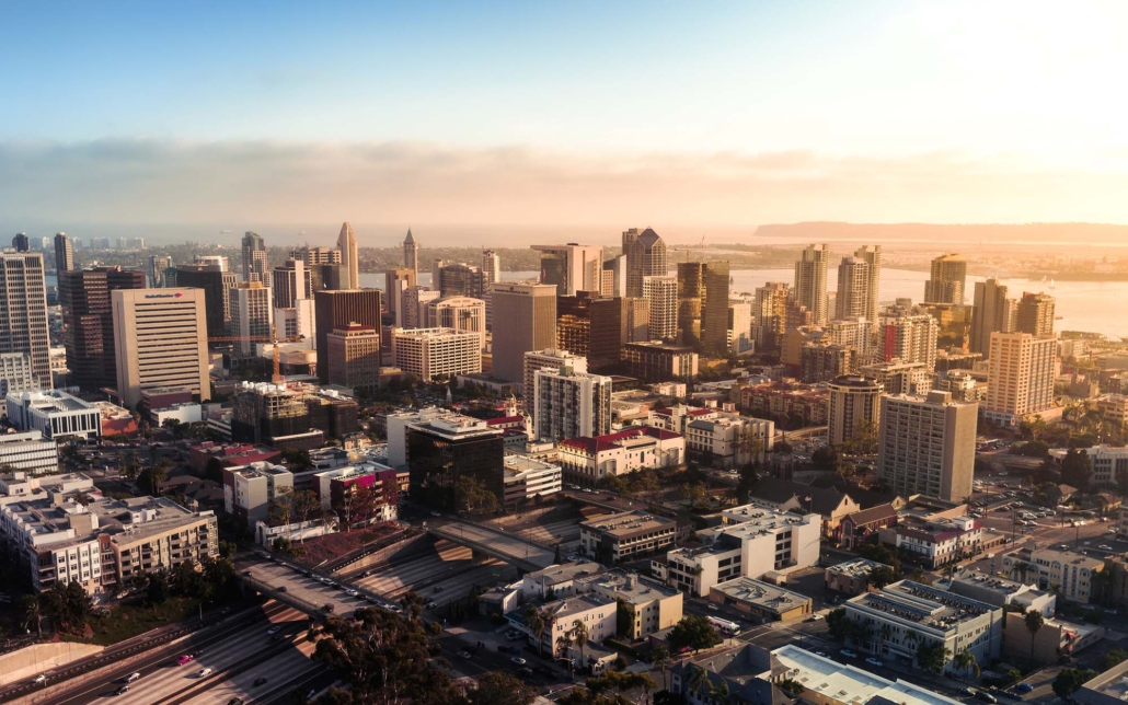 Overhead view of San Diego during sunset