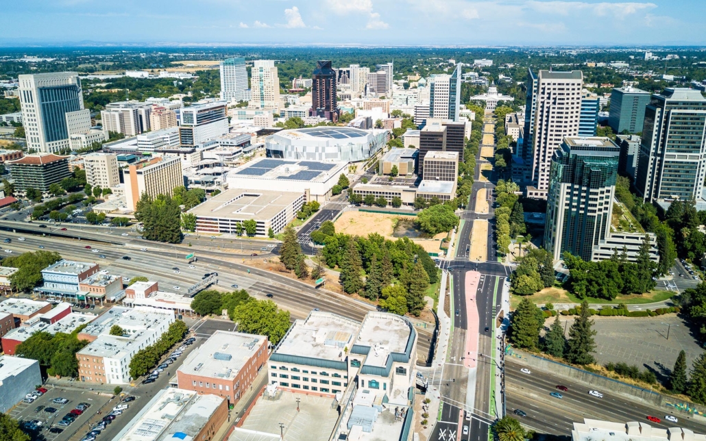 Overhead view of downtown Sacramento during the day