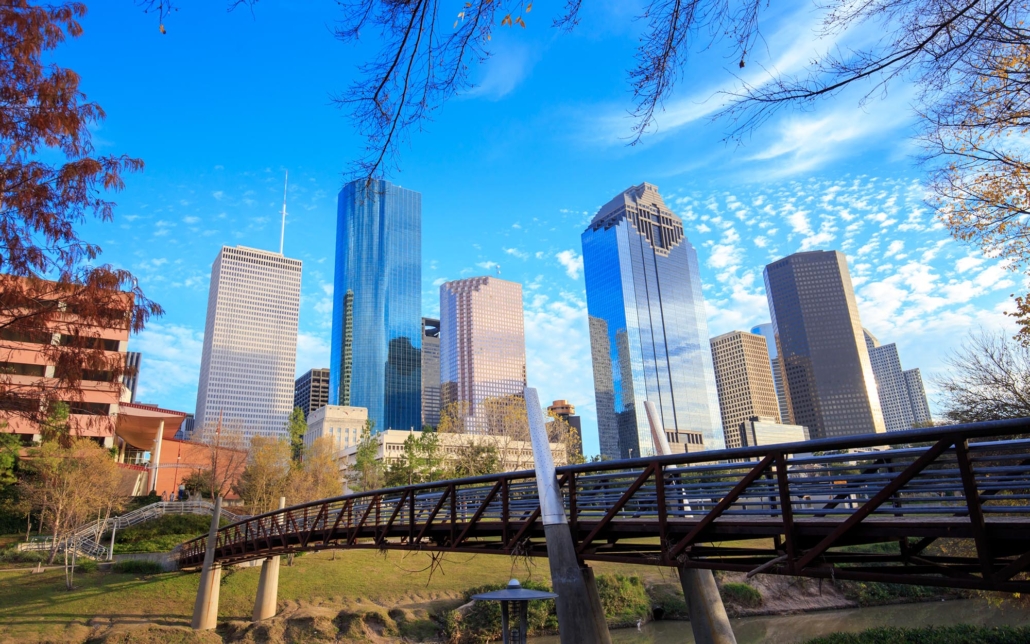 View of the Houston skyline from a park during the day