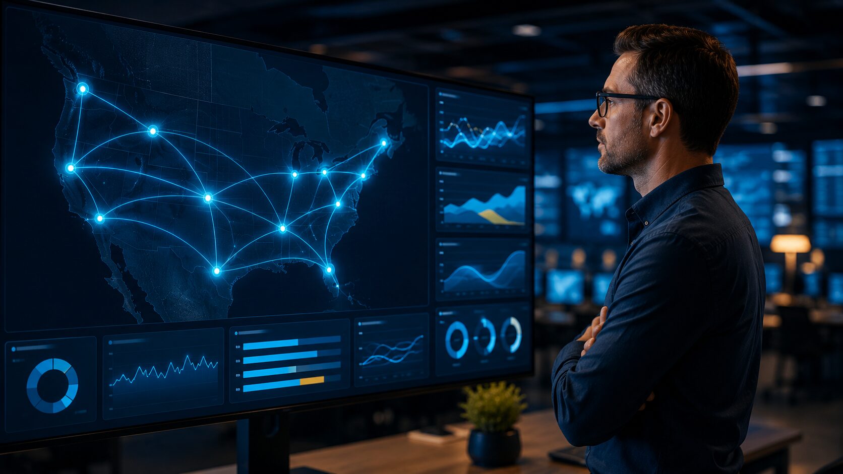 Managed SD-WAN expert monitoring a secure multi-location business network from a modern network operations center.