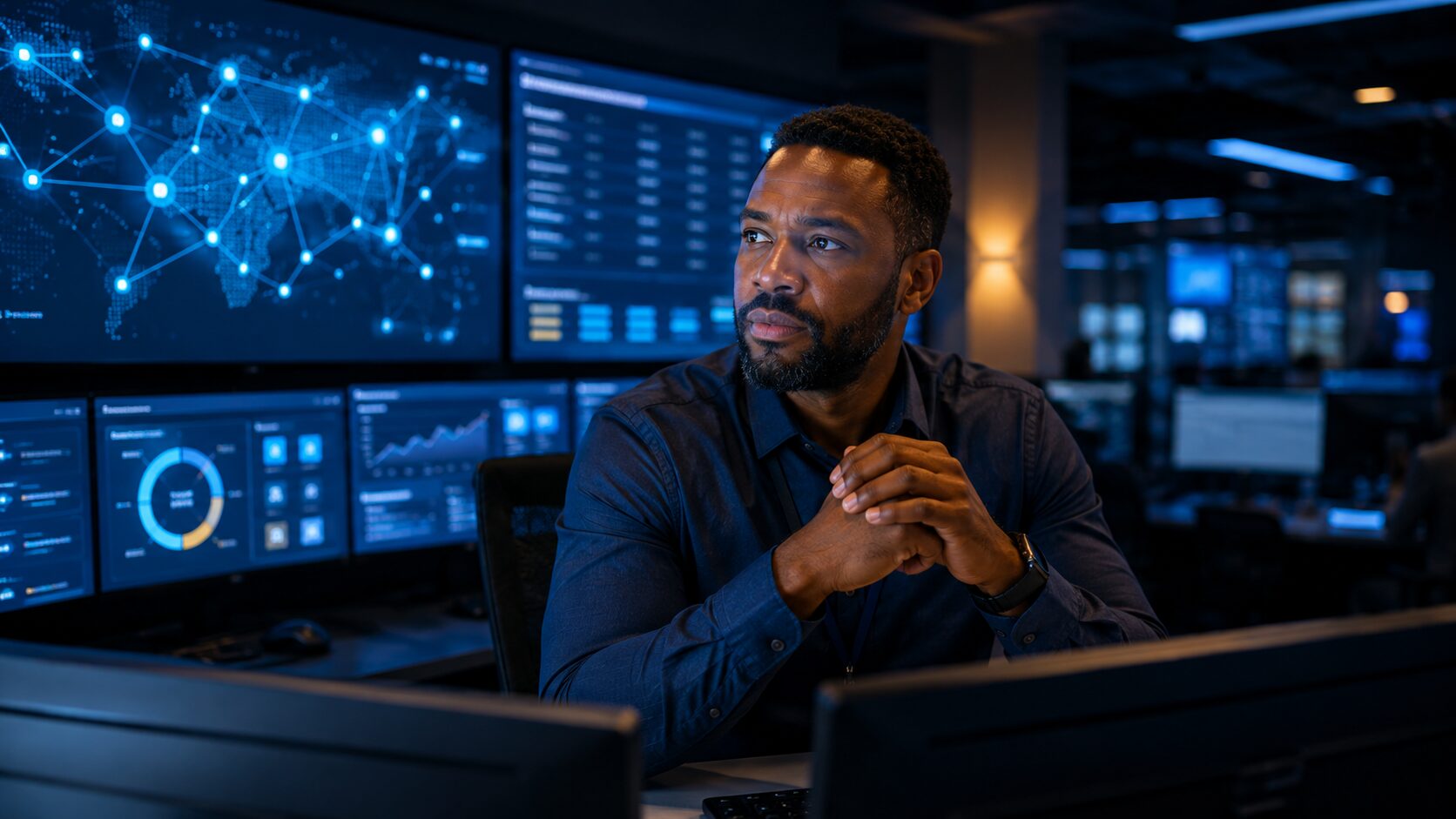 African American security operations professional overseeing cybersecurity dashboards and network monitoring displays in a modern security operations center.