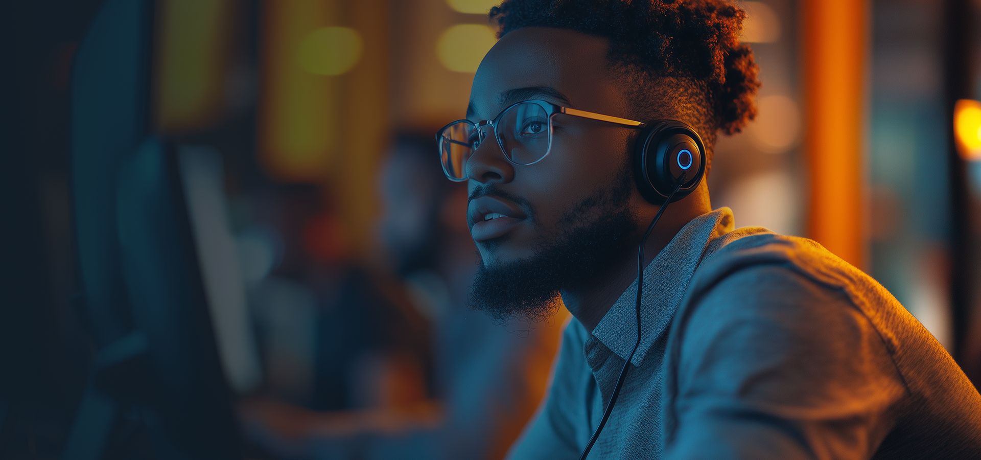 Business technology support specialist wearing a headset while assisting customers from a modern help desk in a contemporary office, illuminated by warm ambient lighting and cool monitor glow.