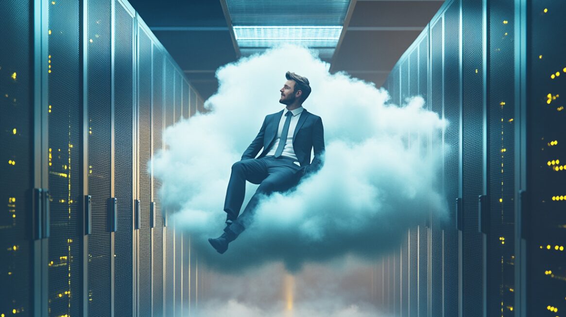 Business man on a cloud in a server room