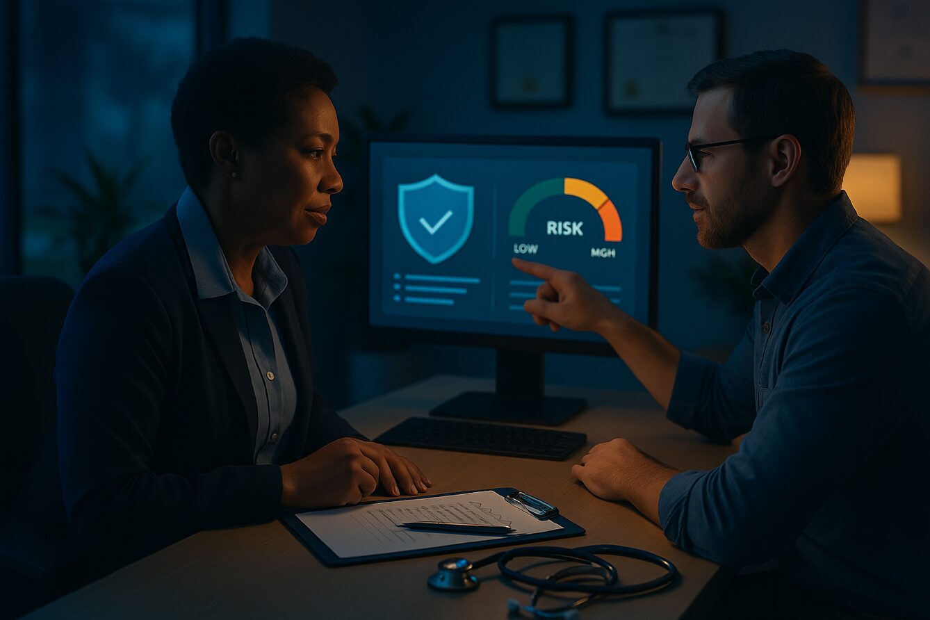 Healthcare IT professional reviewing a security risk assessment report with a medical team