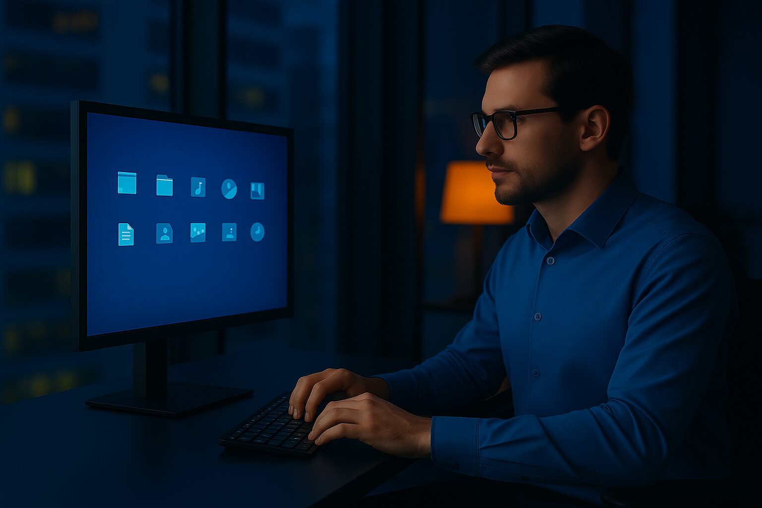 Photograph of Young Caucasian Man Leveraging Virtual Desktop