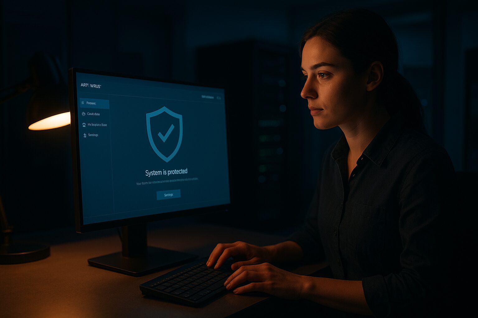Woman in dark office using antivirus software on a desktop computer, illuminated by a warm desk lamp with a cool-toned tech backdrop.