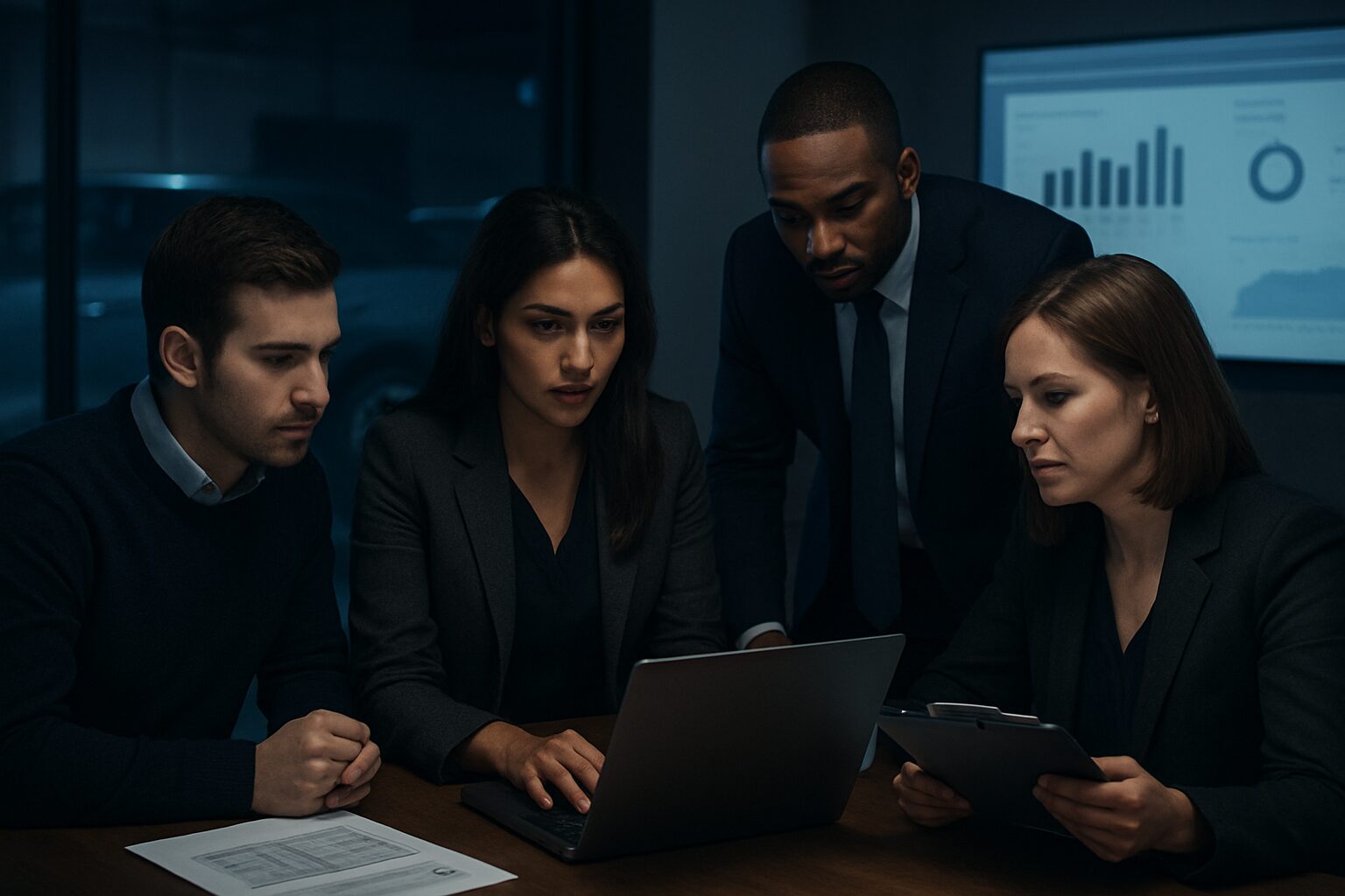 Four professionals in a dimly lit office collaborating on automotive dealership compliance, with dealership data and paperwork visible in a secure, modern workspace.
