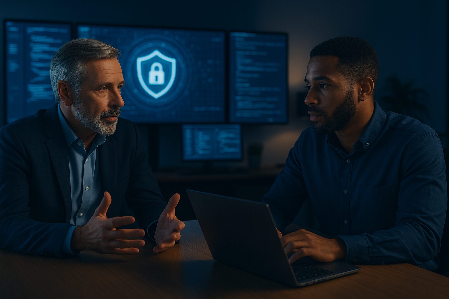 Two cybersecurity professionals engaged in discussion at a modern office desk, representing the comparison between virtual CISO and full-time CISO roles in cost, value, and use cases.