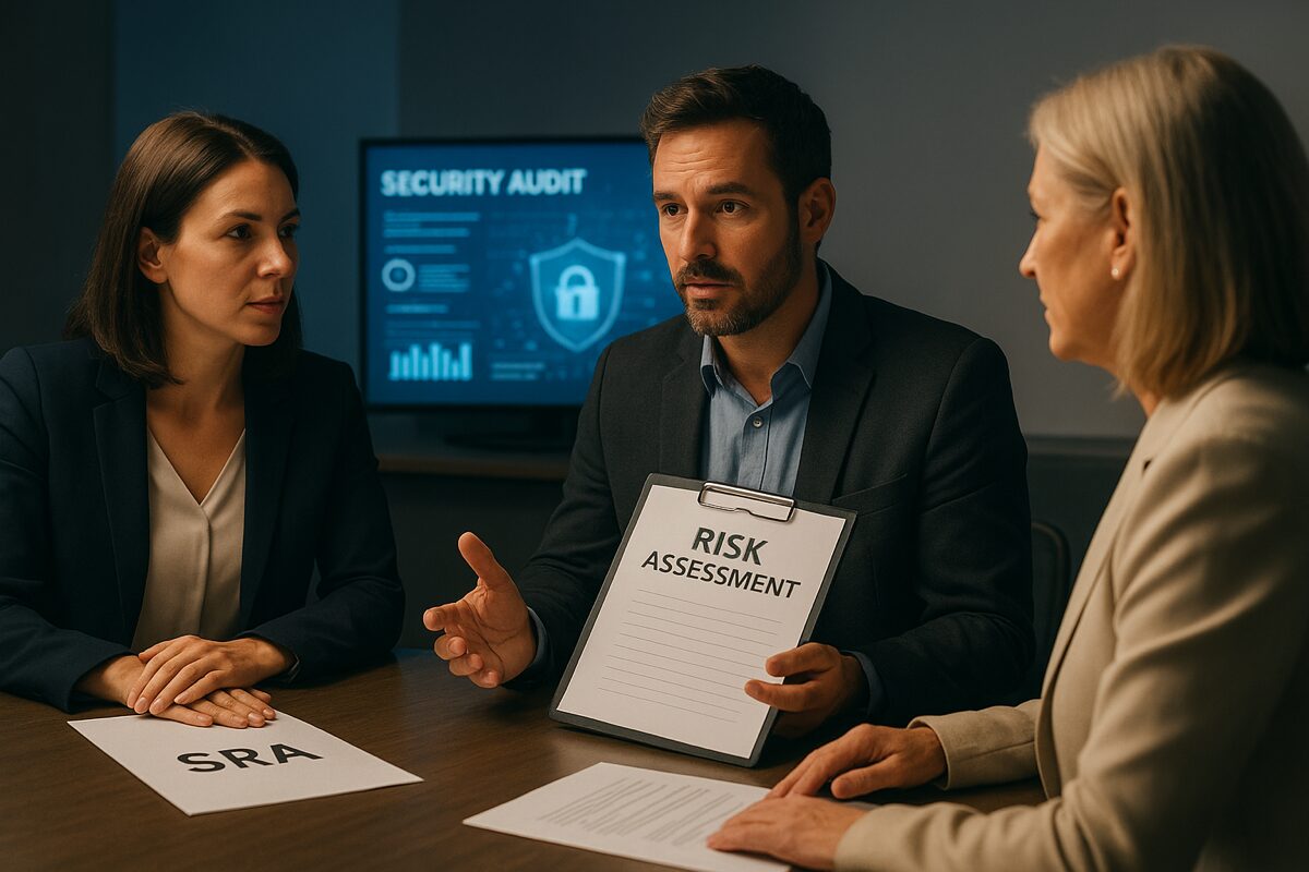 Three professionals in a conference room reviewing printed reports and digital dashboards, focused on security risk assessments and compliance documentation in a healthcare or senior living environment.