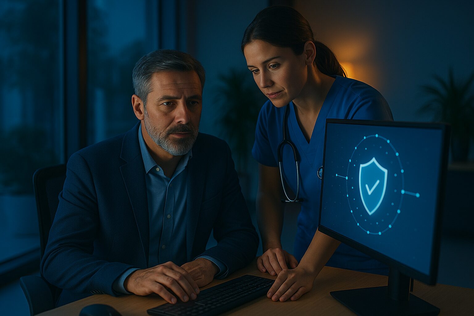 Two cybersecurity professionals in a modern office environment reviewing data on a screen, symbolizing analysis of Managed Detection and Response (MDR) effectiveness