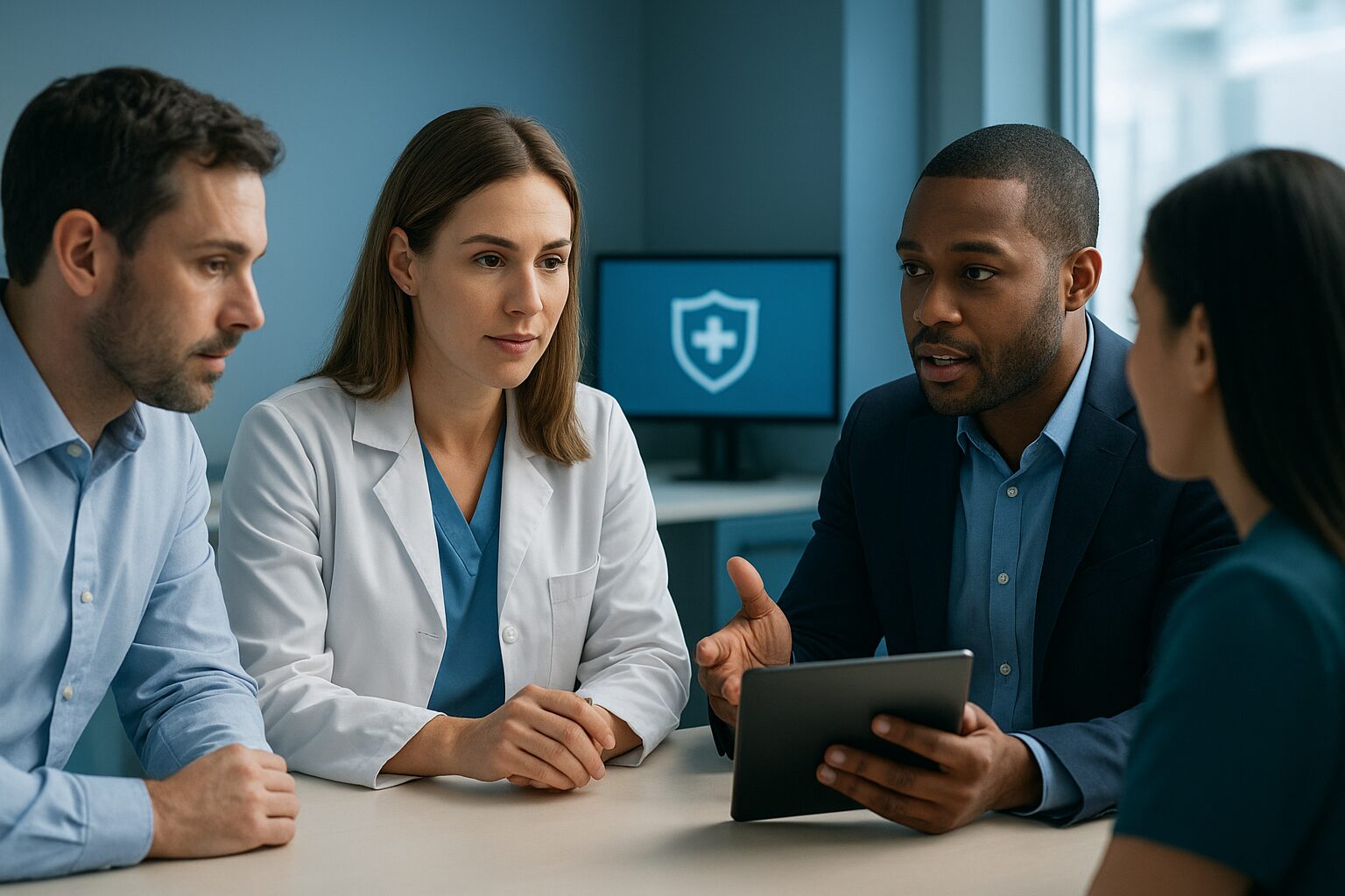 Four healthcare and IT professionals in a modern office reviewing compliance protocols, representing collaboration with a HIPAA-compliant MSP.