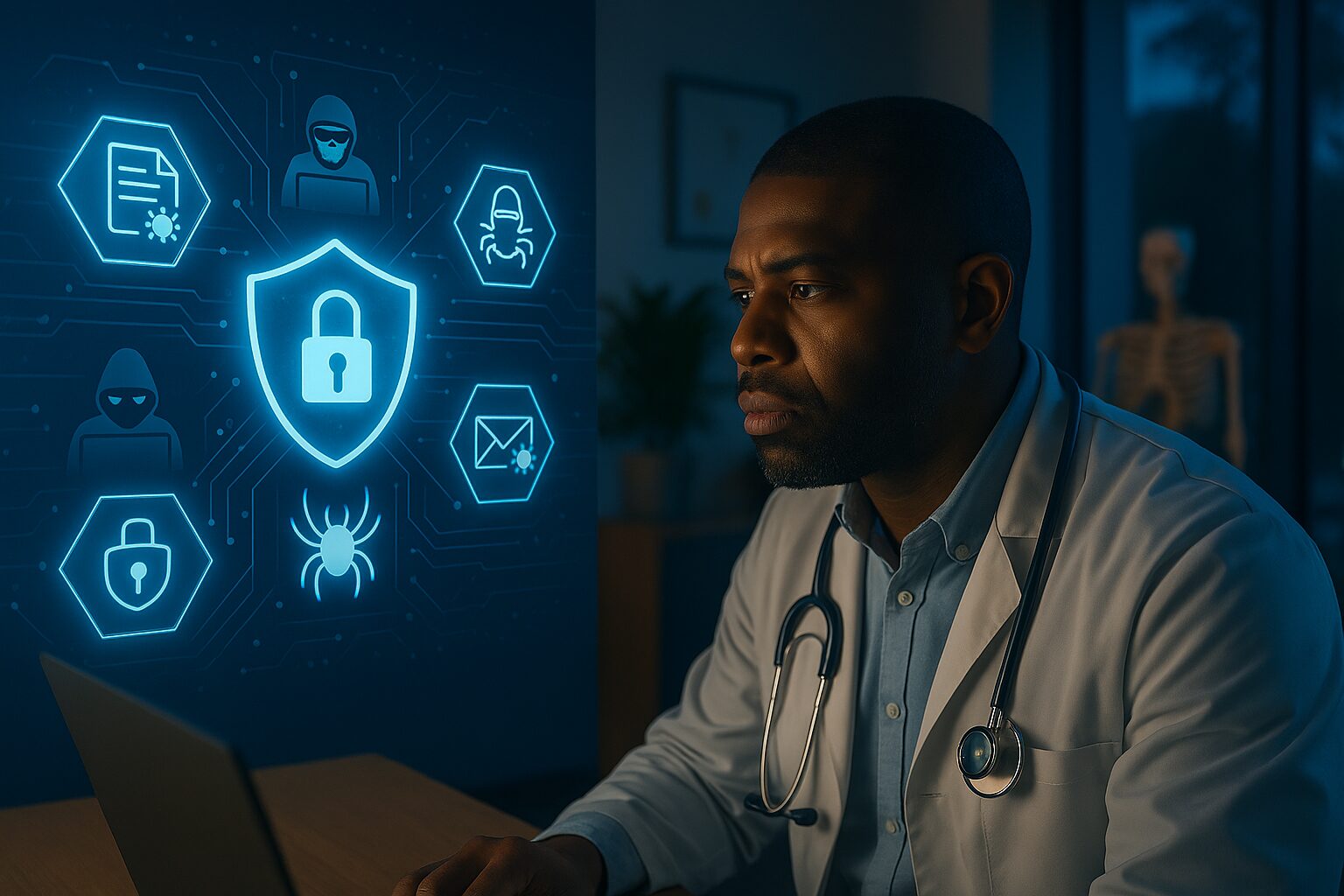 A healthcare IT professional in a modern medical office reviews cybersecurity alerts on a screen, representing digital threats targeting specialty clinics.