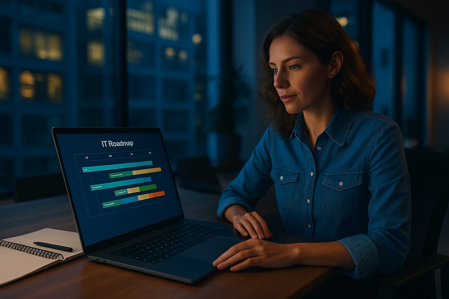 A professional woman with light skin, focused on her laptop screen, reviewing a strategic IT roadmap in a modern office setting.
