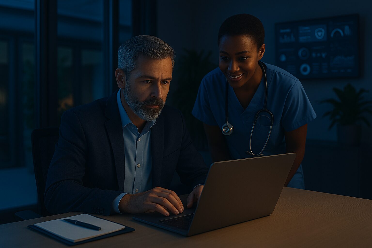 A middle-aged male healthcare CIO sits at a desk reviewing a digital dashboard displaying IT security metrics, reflecting strategic priorities in a modern clinical office environment.