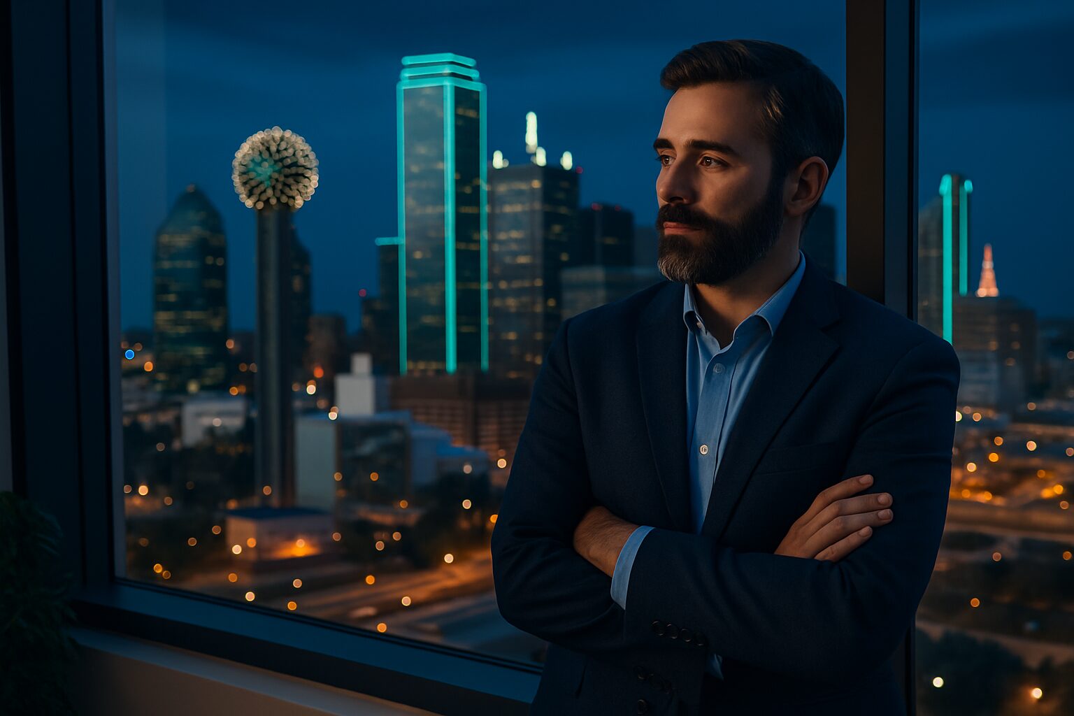 A professional man in a modern office in Dallas, reviewing cybersecurity strategy on a computer screen with a city skyline visible through the window—representing decision-making for selecting a cybersecurity services provider in a growing business environment.