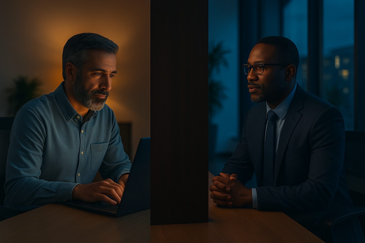 Two business professionals in discussion, representing strategic IT and cybersecurity leadership roles, in a modern office setting with Meriplex branding.