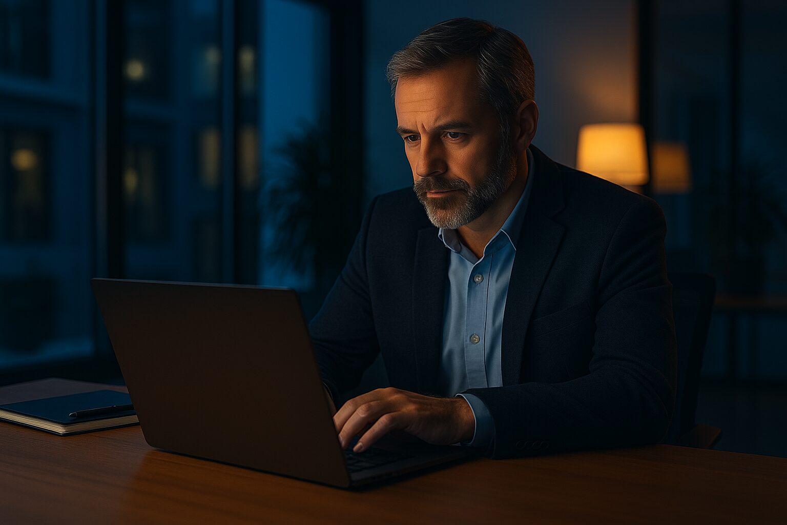 A middle-aged Caucasian cybersecurity executive stands in a modern office, attentively reviewing data on a digital screen displaying charts and risk metrics.