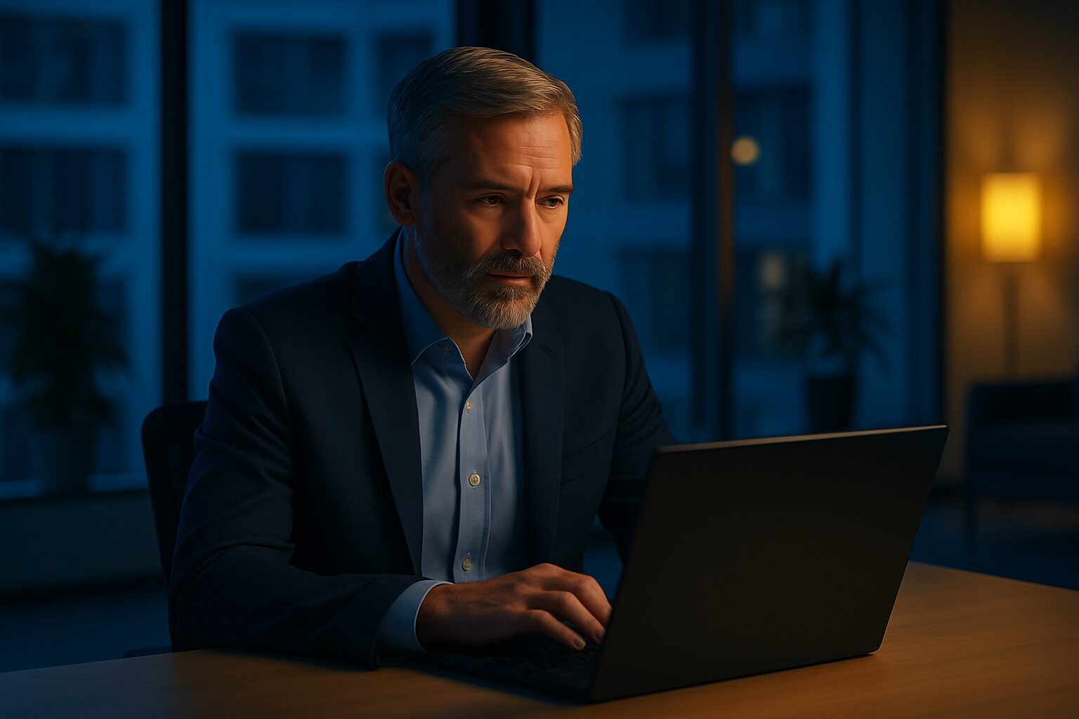 A light-skinned business executive in a modern office space reviews cybersecurity metrics on a digital dashboard alongside a technology consultant, symbolizing strategic evaluation of enterprise security solutions.