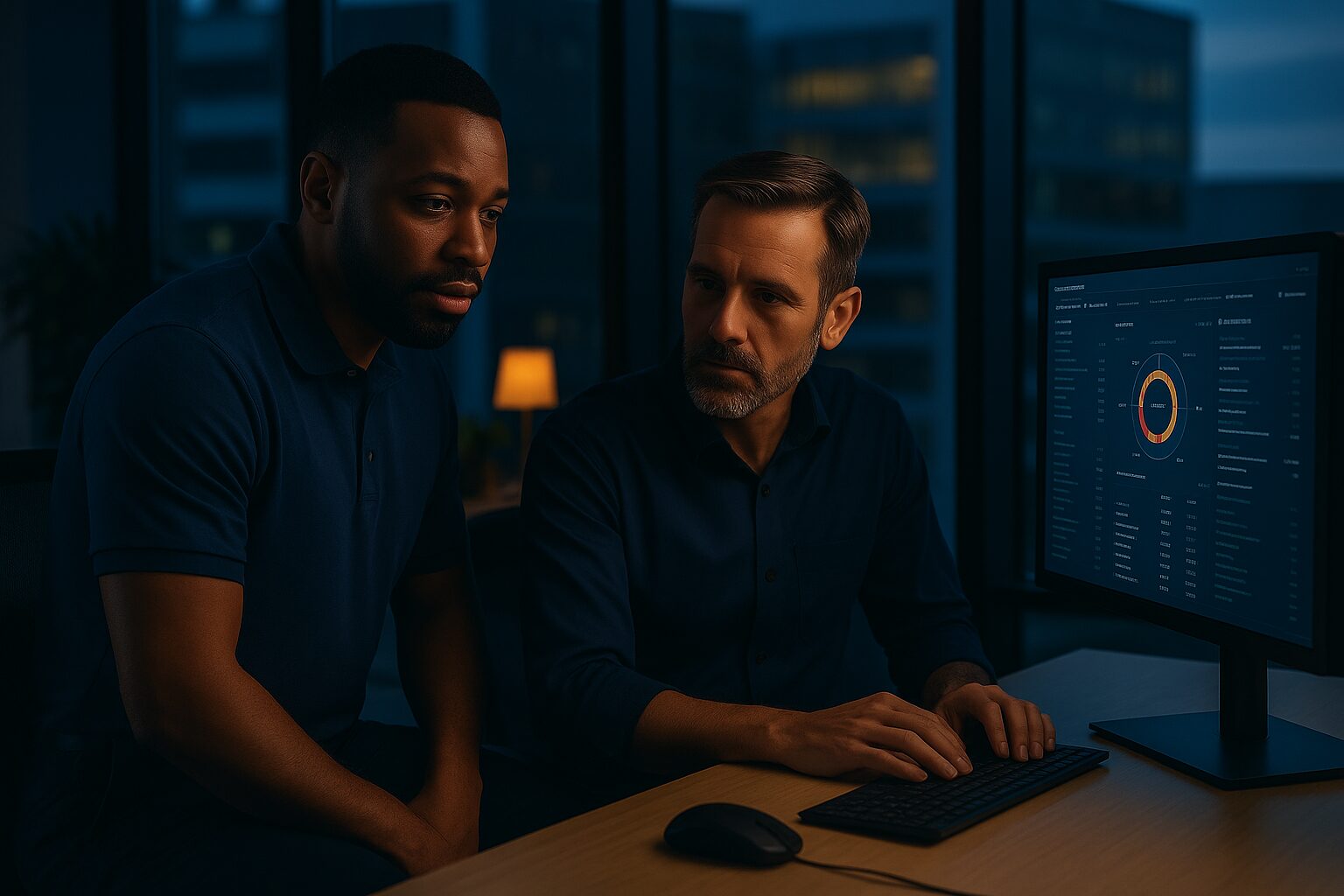 Two business professionals in a modern office analyzing cybersecurity strategy on a laptop, representing the role of a Virtual CISO in corporate risk management.