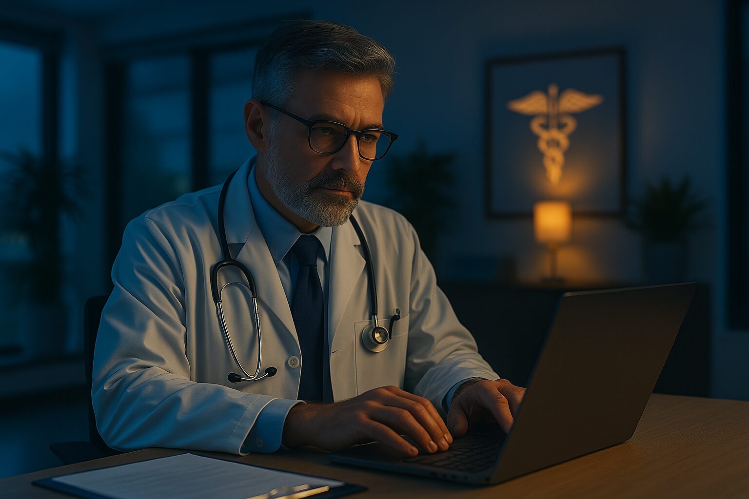 A healthcare executive in a hospital setting consulting with a cybersecurity expert in a modern workspace, symbolizing the integration of IT risk into clinical and operational decision-making.