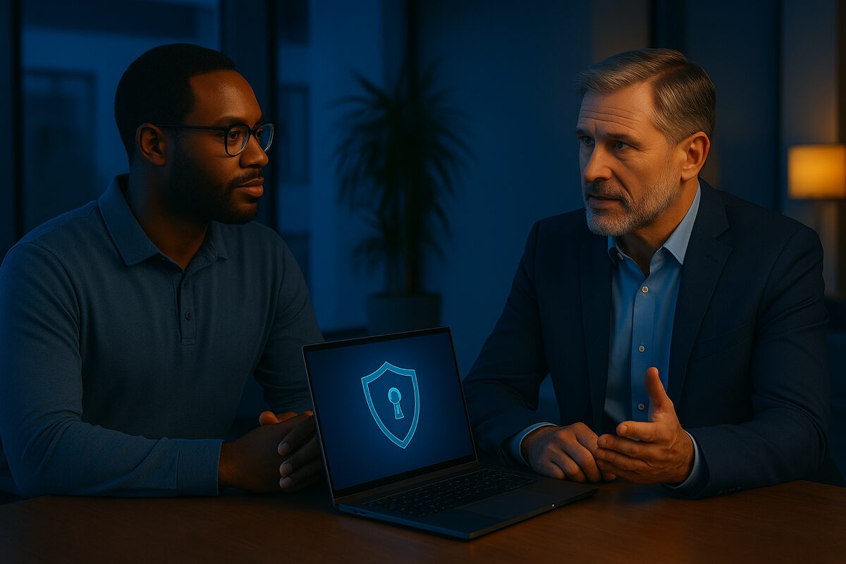 Executives meeting with a virtual CISO in a modern office, reviewing cybersecurity strategy and discussing key questions to evaluate a vCISO candidate.