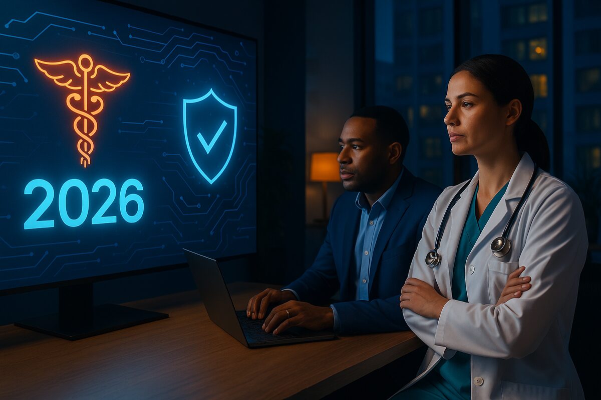 IT professional reviewing a cybersecurity dashboard with a glowing yellow healthcare shield icon, representing 2026 healthcare cybersecurity trends.