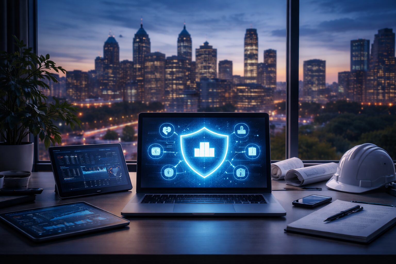 Modern office overlooking the Philadelphia skyline at dusk with a laptop displaying a glowing blue security shield connected to multiple industry icons, representing specialized managed IT services.
