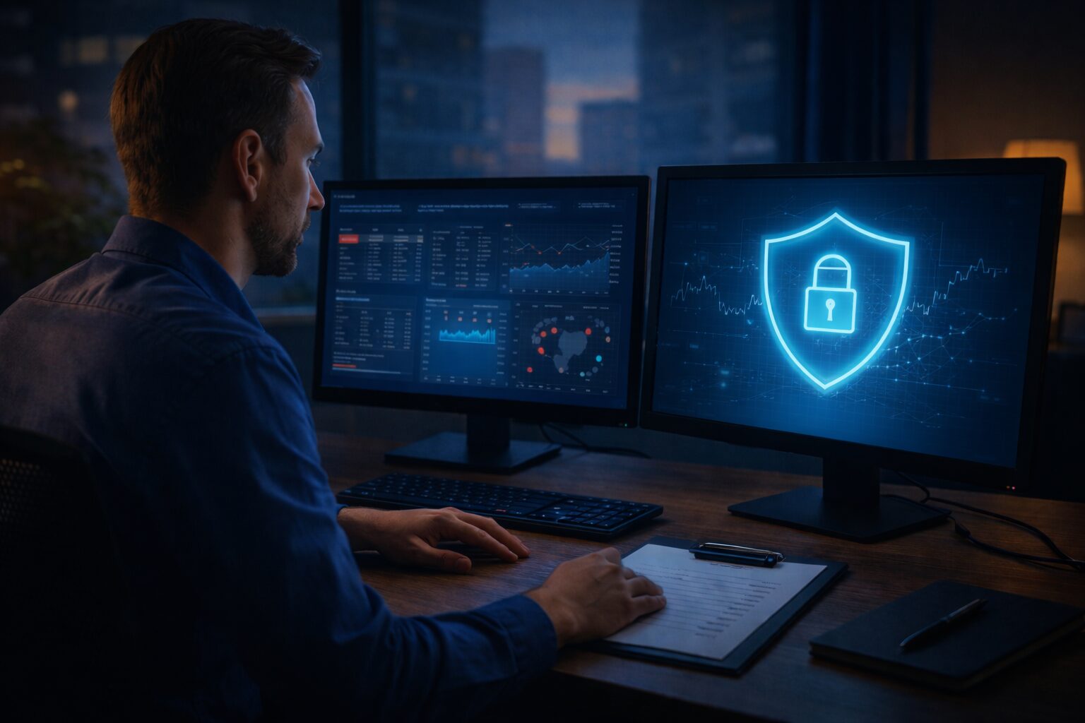 IT executive reviewing cybersecurity dashboards on dual monitors in a modern office at dusk, with a glowing blue security shield representing managed security investment and protection.