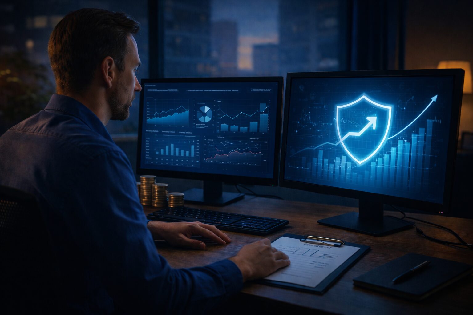 IT executive reviewing financial and cybersecurity dashboards on dual monitors in a modern office at dusk, with a glowing blue shield and upward trend symbolizing ROI and performance improvement.