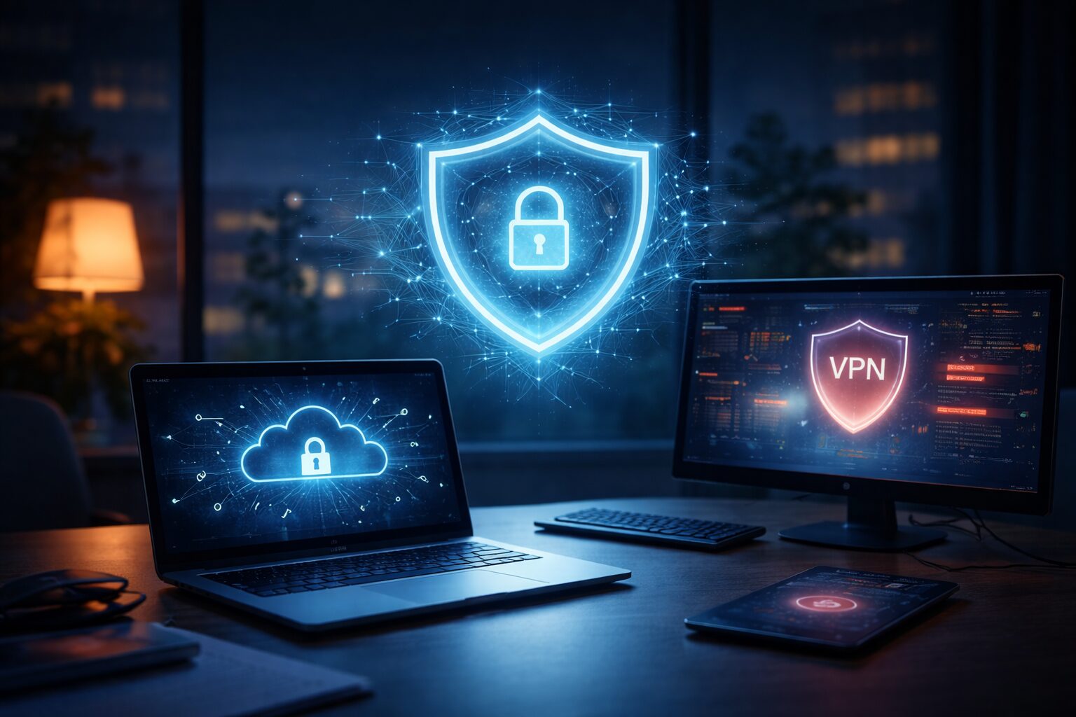 Modern executive office at dusk with a glowing blue security shield and cloud icon on monitors, symbolizing Zero Trust Network Access and secure remote access architecture.