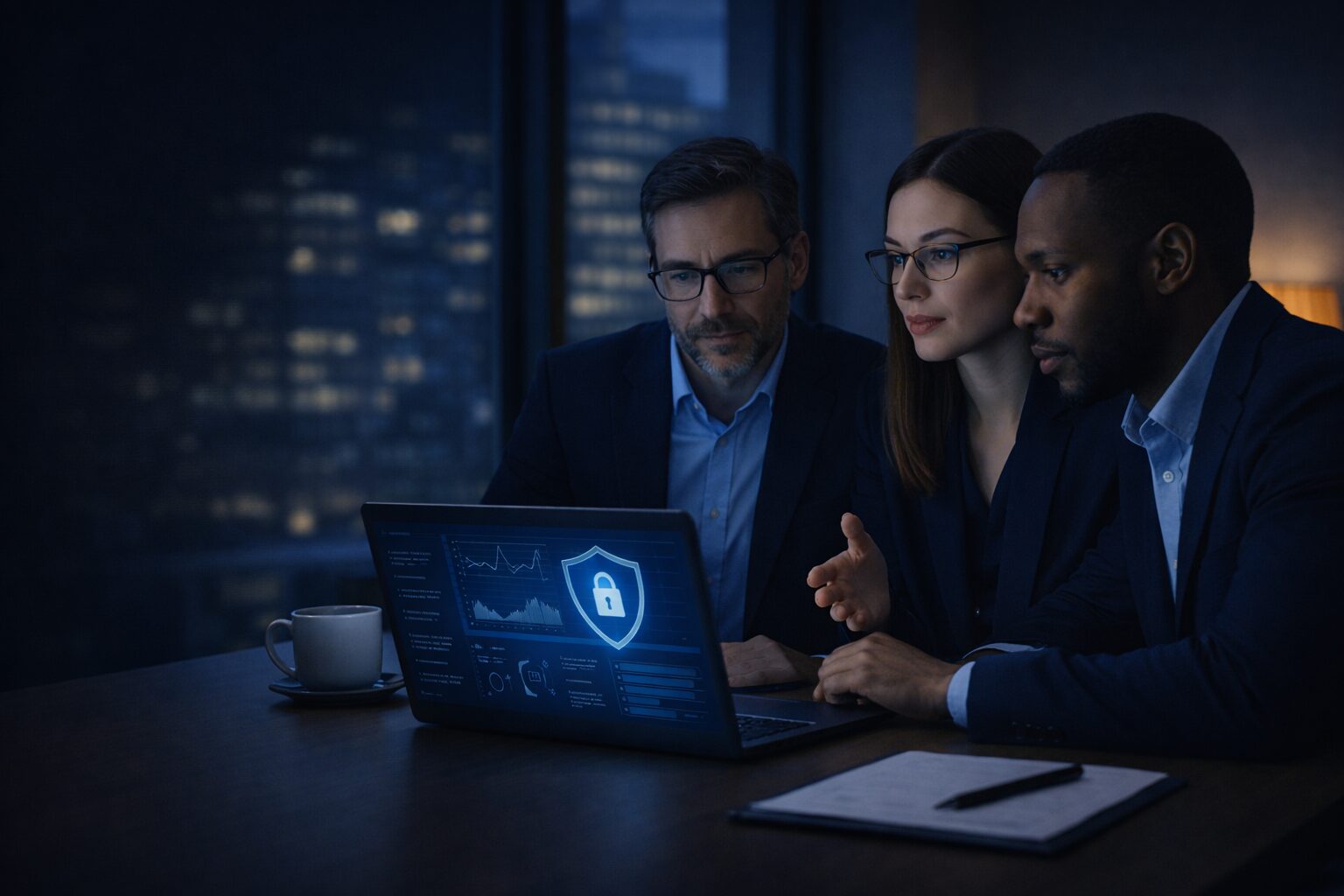 Three executives reviewing a cybersecurity dashboard on a laptop in a modern office at dusk, with a subtle blue security shield displayed on screen, representing evolving cyber insurance requirements and network risk.