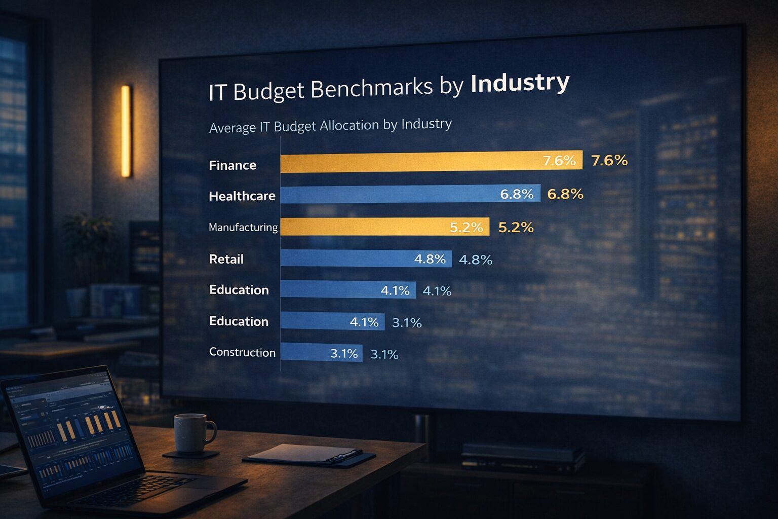 Three business professionals in a dimly lit modern office reviewing IT budget data on laptops and a large screen, comparing industry benchmarks and peer spending trends.