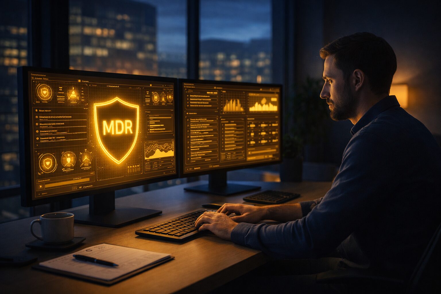 Cybersecurity analyst monitoring security alerts and threat activity on multiple computer screens in a modern operations center at night.