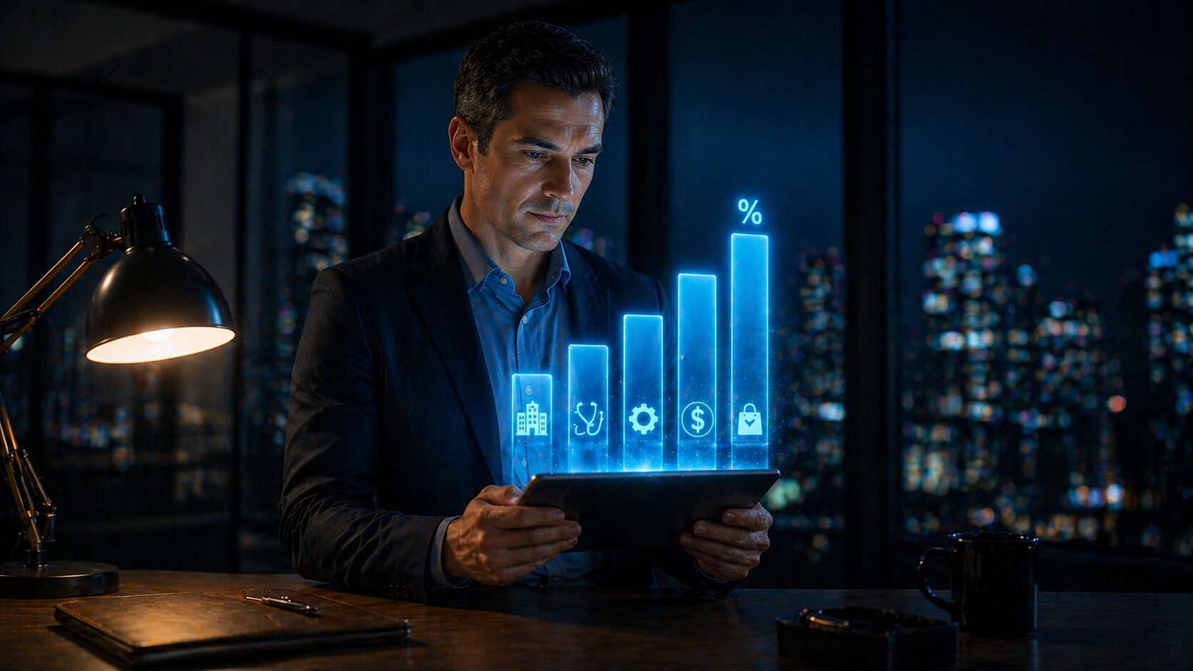 Business executive reviewing IT budget benchmarks by industry on a tablet with comparative data visualization in a modern office at night