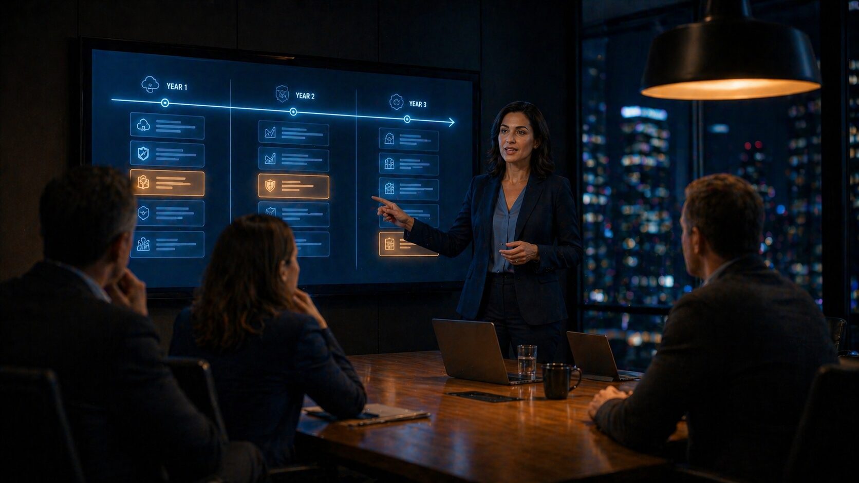 Executives reviewing a three-year IT roadmap presentation in a boardroom, showing structured technology planning without a full-time CIO
