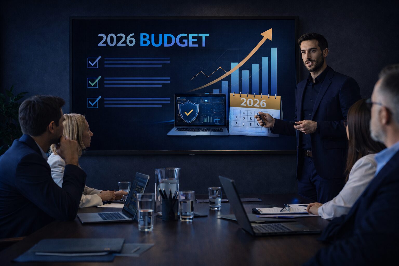 IT leaders reviewing a 2026 budget plan for co-managed IT services, including forecasting, security planning, and IT cost optimization