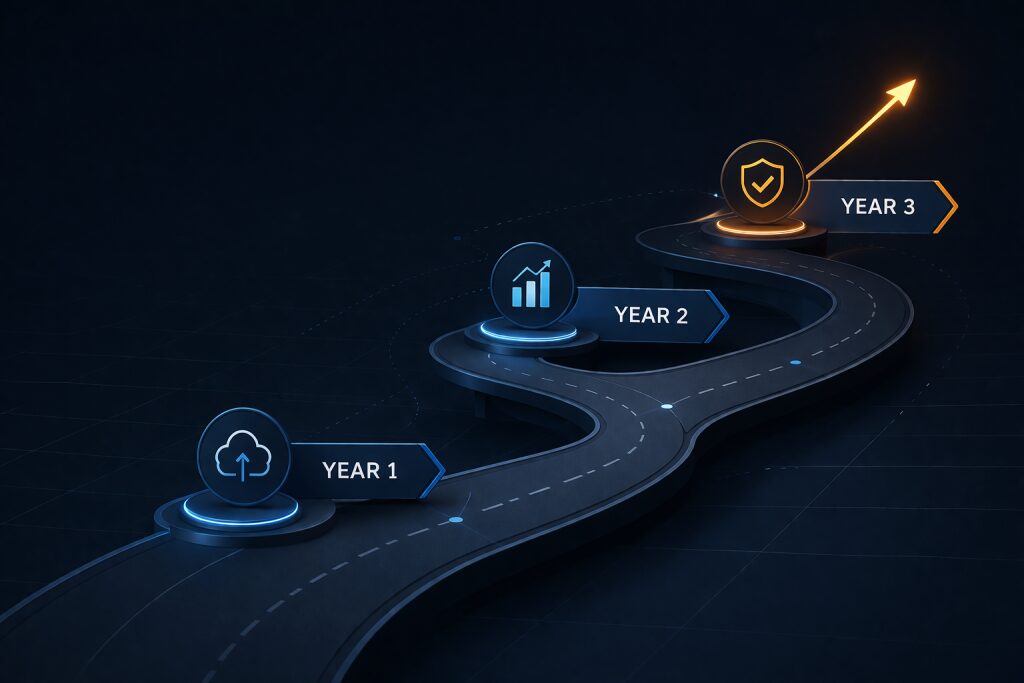 A three-stage IT roadmap illustration showing a winding road with three milestone markers — Year 1 featuring a cloud upload icon, Year 2 featuring a growth chart icon, and Year 3 featuring a security shield icon with an upward arrow, representing a structured multi-year IT strategic plan.