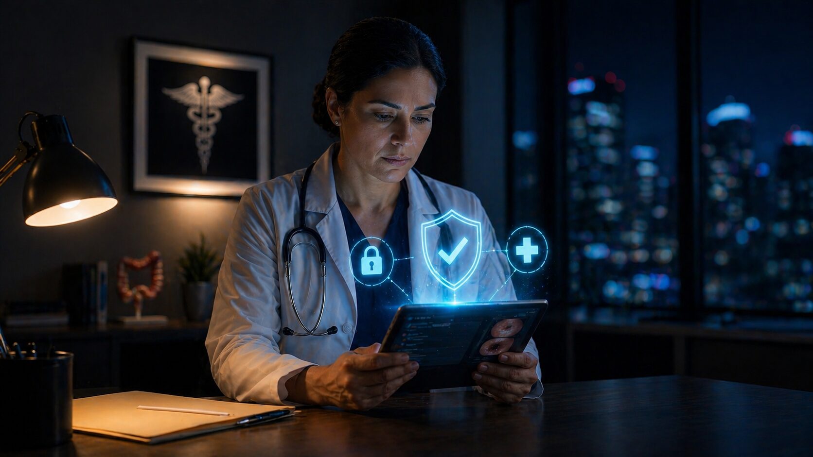 Gastroenterologist reviewing patient data on a tablet with cybersecurity protection icons highlighting secure GI healthcare systems