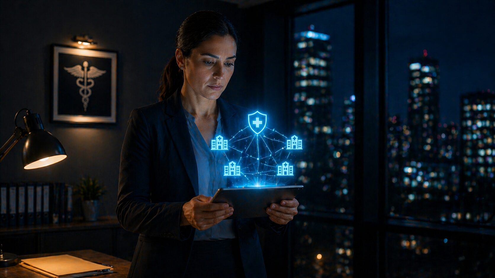 Healthcare IT professional holding a holographic network of multiple gastroenterology clinic locations connected securely across systems and EHR platforms