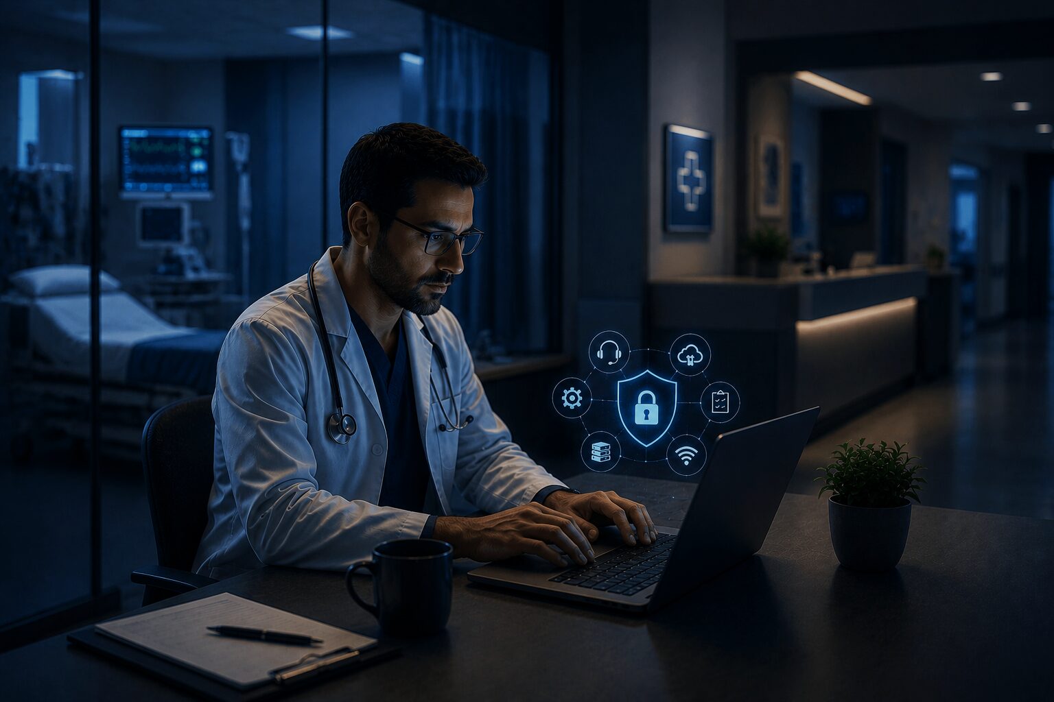 Physician at a computer surrounded by icons for help desk, network, security, and HIPAA compliance — managed IT services for healthcare.