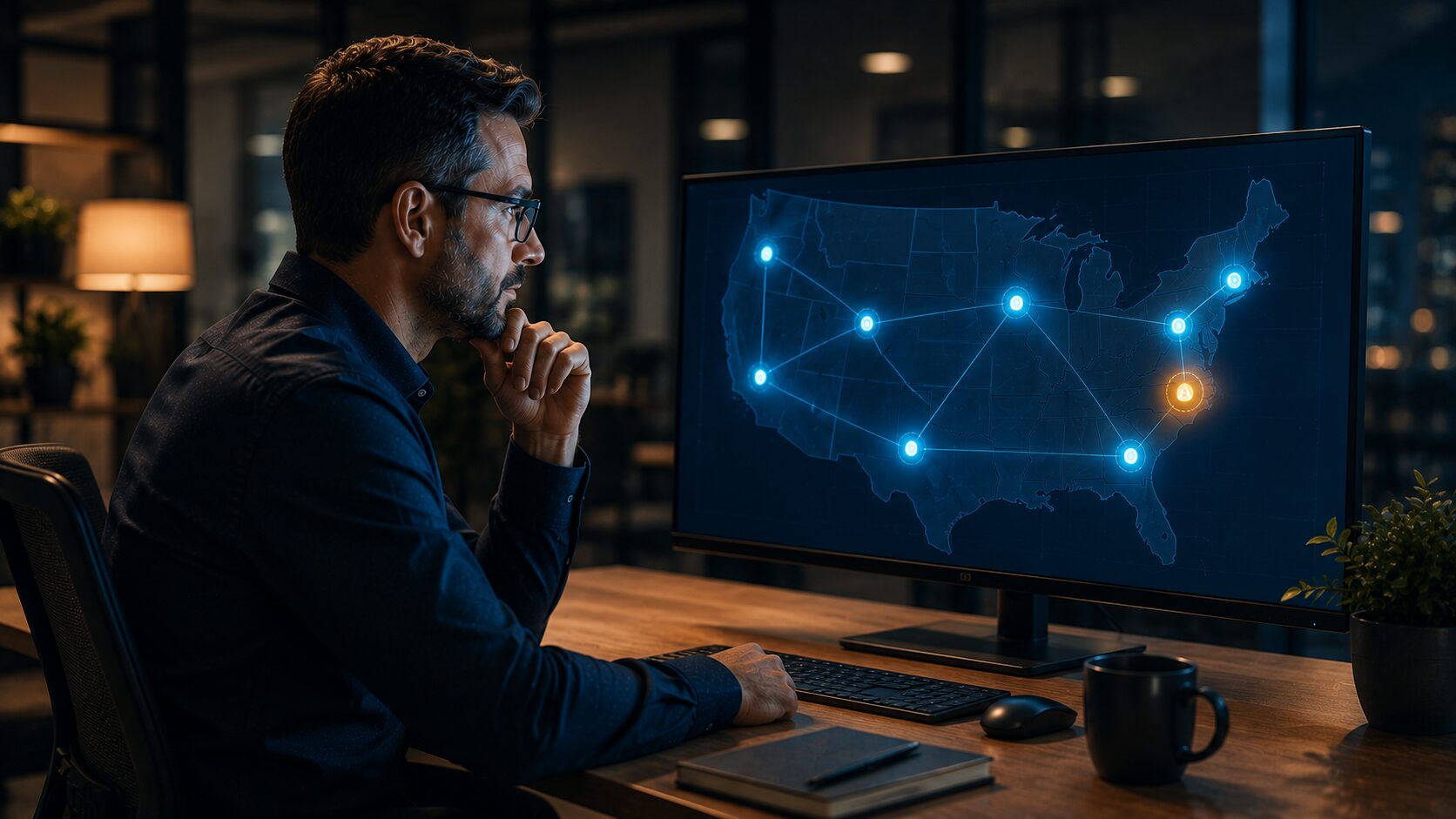 IT professional reviewing a multi-location network dashboard with connected office locations and one flagged infrastructure visibility gap.