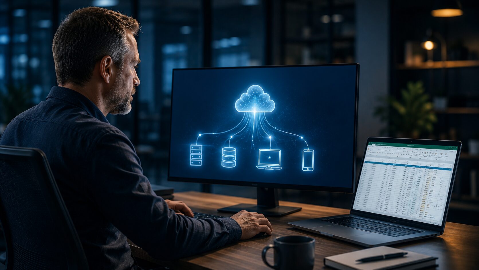 IT professional managing cloud infrastructure with connected servers, databases, devices, and applications displayed on a cloud computing dashboard.