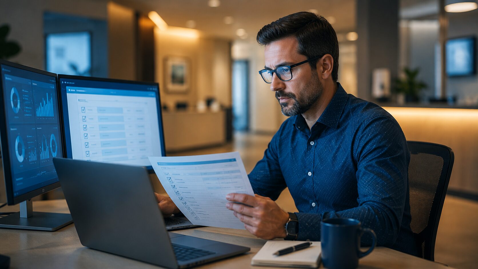 Healthcare IT professional reviewing compliance checklist and cybersecurity dashboard in a modern healthcare office environment.