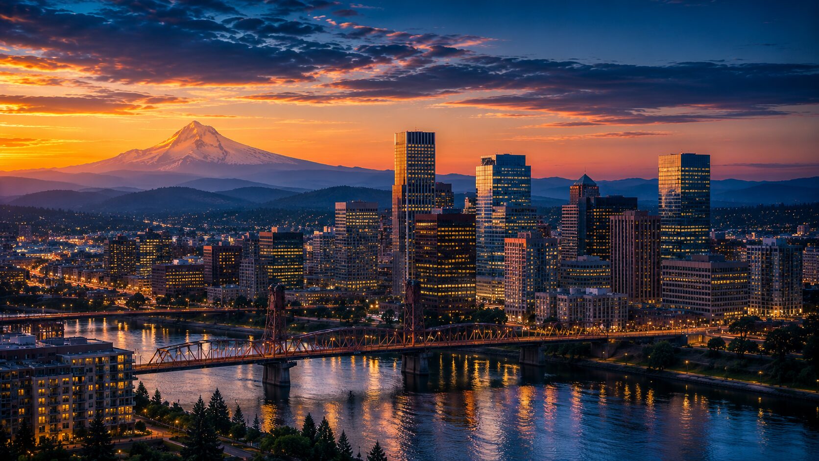 Downtown Portland, Oregon skyline at dusk with the Willamette River, a bridge crossing the water, illuminated city towers, and Mount Hood rising snow-capped in the distance beneath a warm sunset.