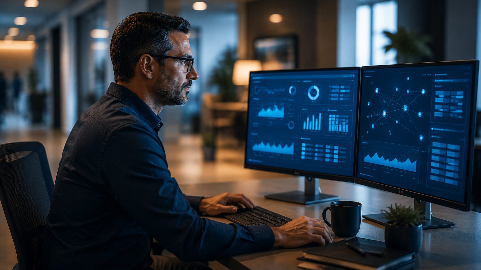 Healthcare IT security professional reviewing cybersecurity dashboards and network monitoring systems in a modern healthcare office.