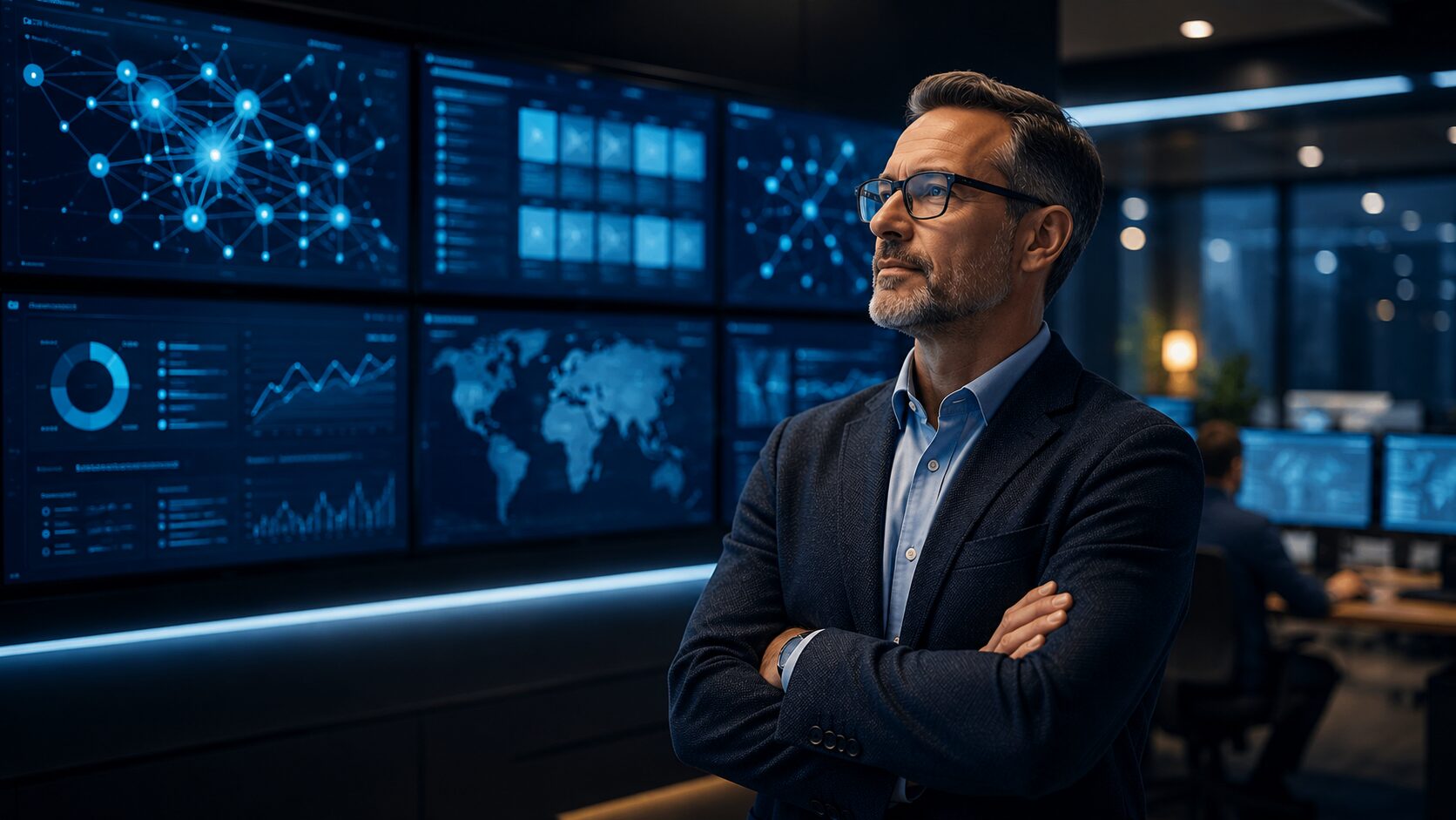 Security operations leader overseeing cybersecurity monitoring dashboards and network visibility systems in a modern managed security operations center.