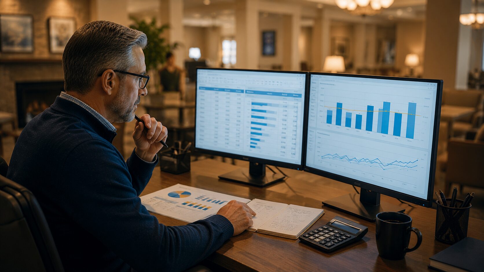 Senior living CFO reviewing IT budget benchmarking data on dual monitors, comparing technology spending, cost trends, and peer benchmarks in a modern administrative office.